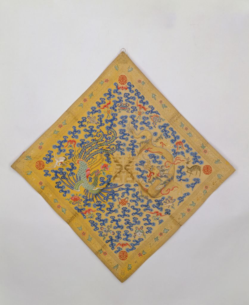 图片[1]-Yellow silk embroidered with colorful dragon and phoenix patterns-China Archive